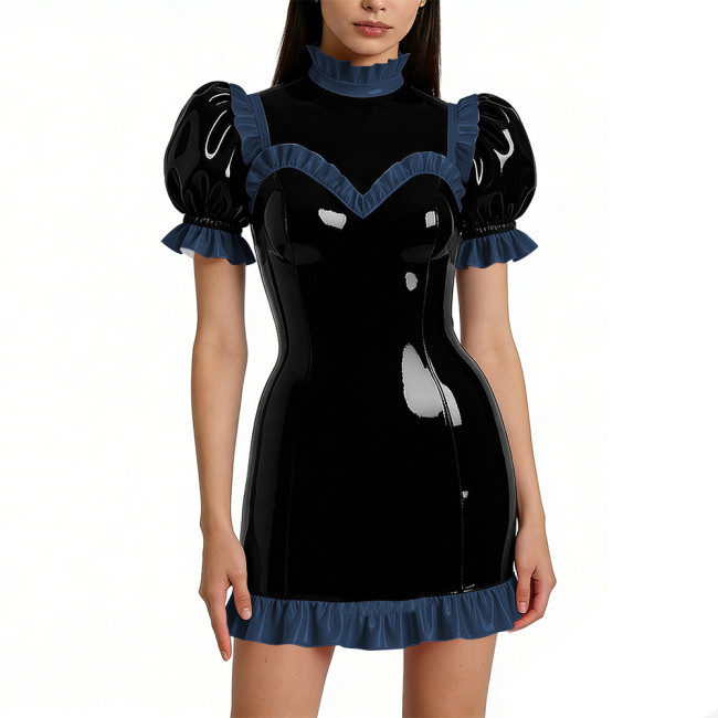 Halloween Shiny Faux Leather French Cosplay Party Dress Ruffled Nightwear Puff Sleeve Bodycon Mini Dress Wetlook Gothic Lolita