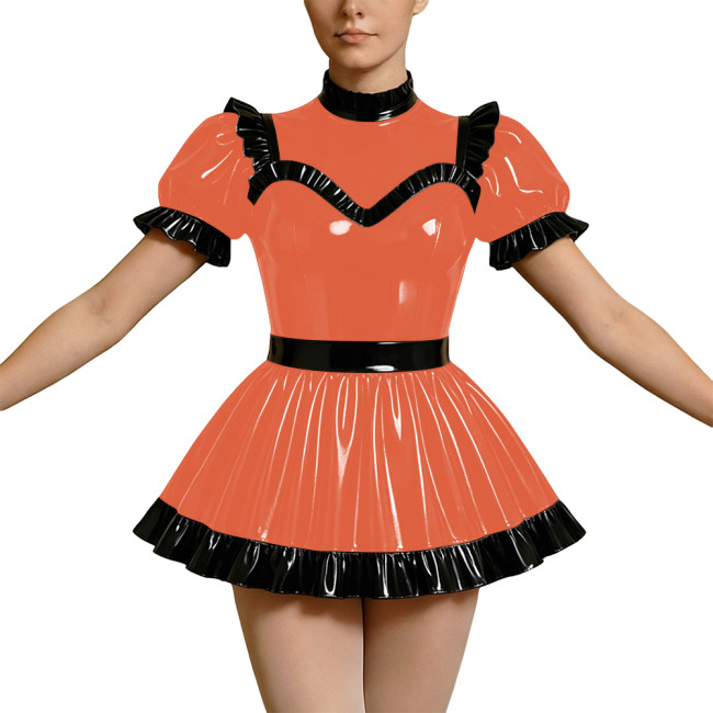 Wetlook PVC Cosplay Dress Party Rave High Neck Puff Sleeve Clubwear Mini Dress Gothic Back Zipper Lockable Lolita French Maid