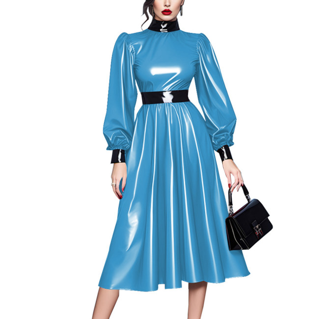Plus Size Spliced High Neck High Waist Long Lantern Sleeve Sissy Dress Latex Look A-line Pleated Midi Dress Banquet Venue Gown