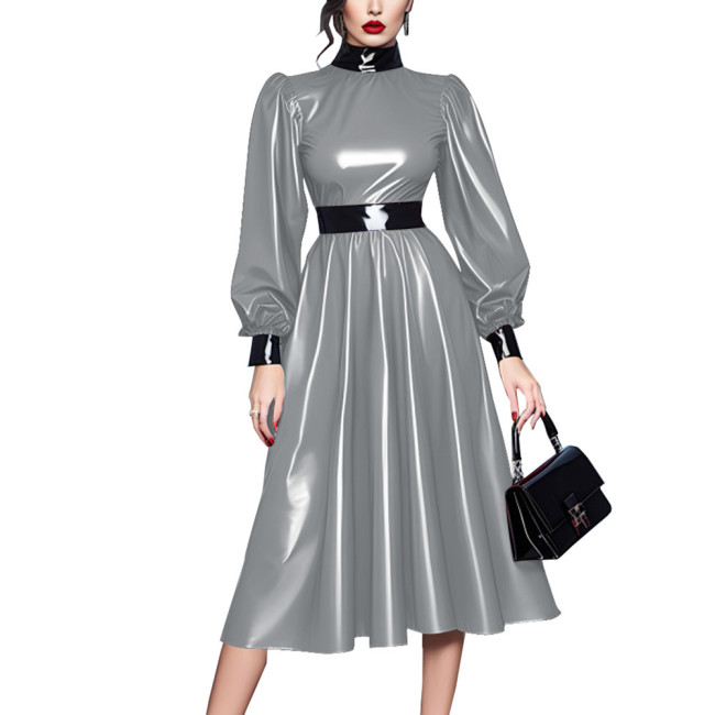 Plus Size Spliced High Neck High Waist Long Lantern Sleeve Sissy Dress Latex Look A-line Pleated Midi Dress Banquet Venue Gown