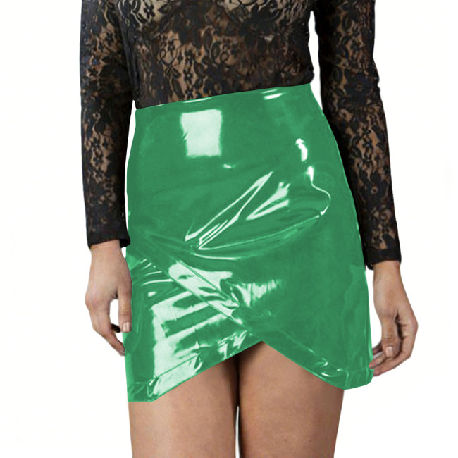 Womens Glossy Bodycon Mini Skirts High Waist Wrap Hem PVC Vinyl Leather Short Skirts Party Night Slim Skirt Sexy Evening Outfits