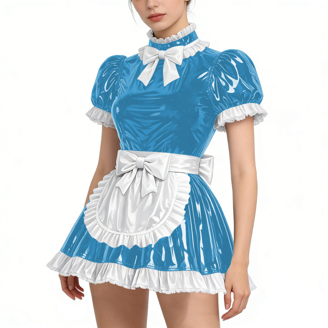 Shiny Vinyl PVC Leather Lace Maid Puff Sleeve Festival Mini Dress Gothic Back Zipper Party Maid Dress Lock French Apron Lolita