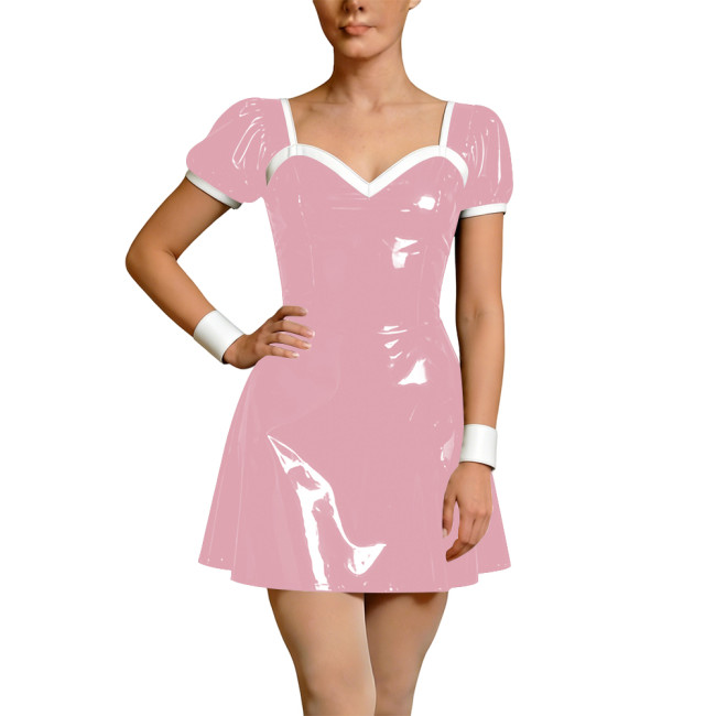Wetlook Faux Leather French Dress Rave Short Sleeve Bodycon Cosplay A-Line Mini Dress Back Zipper Party Apron Gothic Vestidos