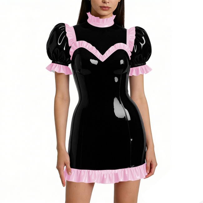Halloween Shiny Faux Leather French Cosplay Party Dress Ruffled Nightwear Puff Sleeve Bodycon Mini Dress Wetlook Gothic Lolita