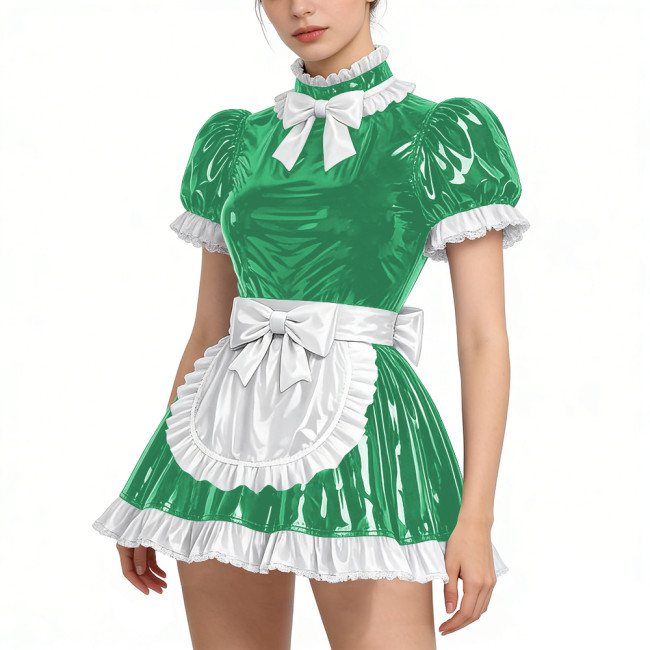 Shiny Vinyl PVC Leather Lace Maid Puff Sleeve Festival Mini Dress Gothic Back Zipper Party Maid Dress Lock French Apron Lolita
