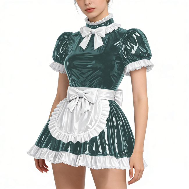 Shiny Vinyl PVC Leather Lace Maid Puff Sleeve Festival Mini Dress Gothic Back Zipper Party Maid Dress Lock French Apron Lolita