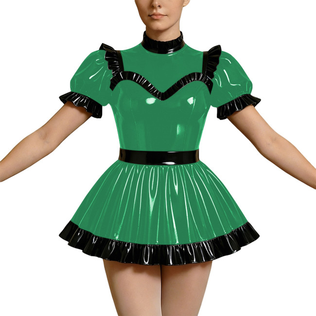 Wetlook PVC Cosplay Dress Party Rave High Neck Puff Sleeve Clubwear Mini Dress Gothic Back Zipper Lockable Lolita French Maid