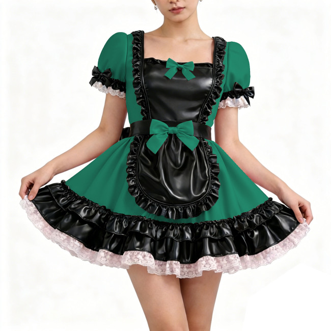 Glossy PU Faux Leather Maid Dress Halloween Trim Ruffle Mini Dress Wetlook Bow Party Uniform Gothic Back Zipper Cosplay Lolita