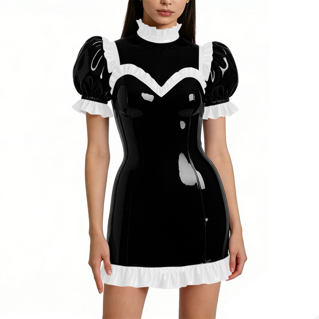 Halloween Shiny Faux Leather French Cosplay Party Dress Ruffled Nightwear Puff Sleeve Bodycon Mini Dress Wetlook Gothic Lolita