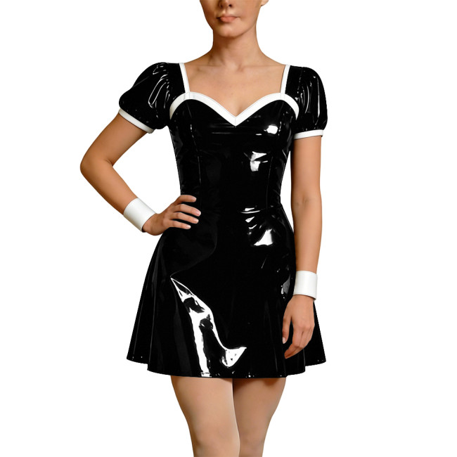 Wetlook Faux Leather French Dress Rave Short Sleeve Bodycon Cosplay A-Line Mini Dress Back Zipper Party Apron Gothic Vestidos