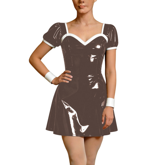 Wetlook Faux Leather French Dress Rave Short Sleeve Bodycon Cosplay A-Line Mini Dress Back Zipper Party Apron Gothic Vestidos