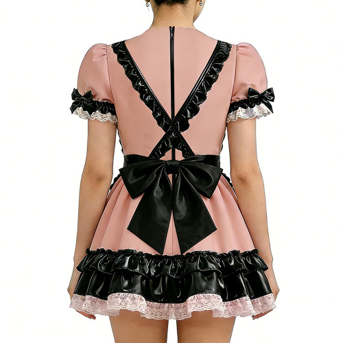 Glossy PU Faux Leather Maid Dress Halloween Trim Ruffle Mini Dress Wetlook Bow Party Uniform Gothic Back Zipper Cosplay Lolita
