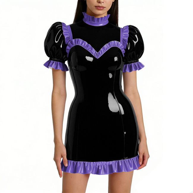 Halloween Shiny Faux Leather French Cosplay Party Dress Ruffled Nightwear Puff Sleeve Bodycon Mini Dress Wetlook Gothic Lolita