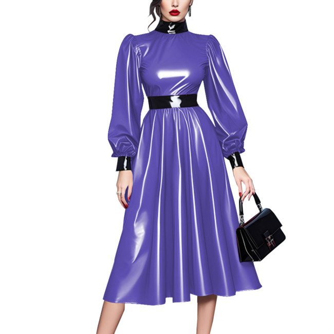 Plus Size Spliced High Neck High Waist Long Lantern Sleeve Sissy Dress Latex Look A-line Pleated Midi Dress Banquet Venue Gown