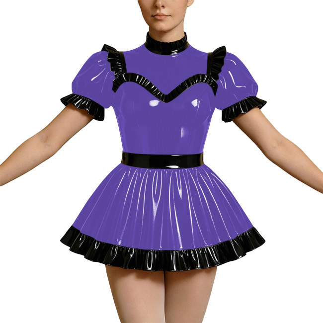 Wetlook PVC Cosplay Dress Party Rave High Neck Puff Sleeve Clubwear Mini Dress Gothic Back Zipper Lockable Lolita French Maid