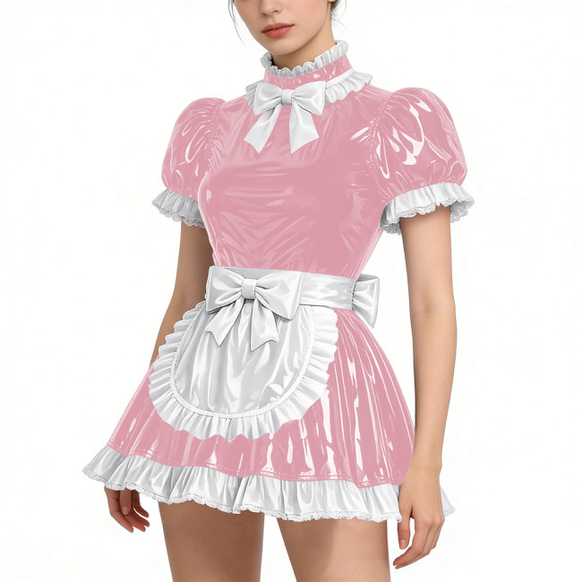 Shiny Vinyl PVC Leather Lace Maid Puff Sleeve Festival Mini Dress Gothic Back Zipper Party Maid Dress Lock French Apron Lolita