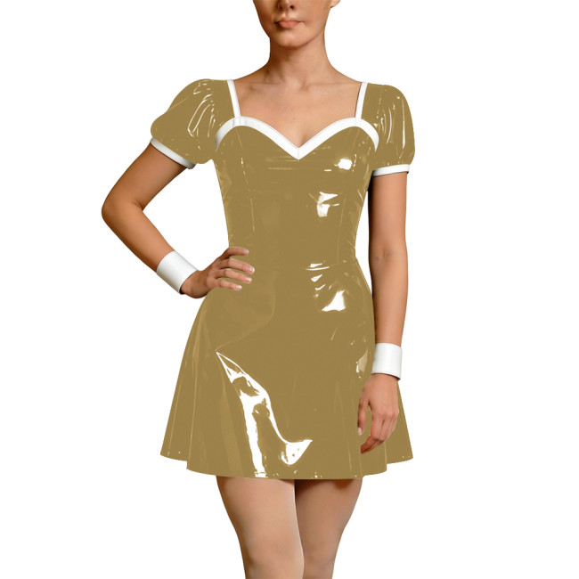 Wetlook Faux Leather French Dress Rave Short Sleeve Bodycon Cosplay A-Line Mini Dress Back Zipper Party Apron Gothic Vestidos