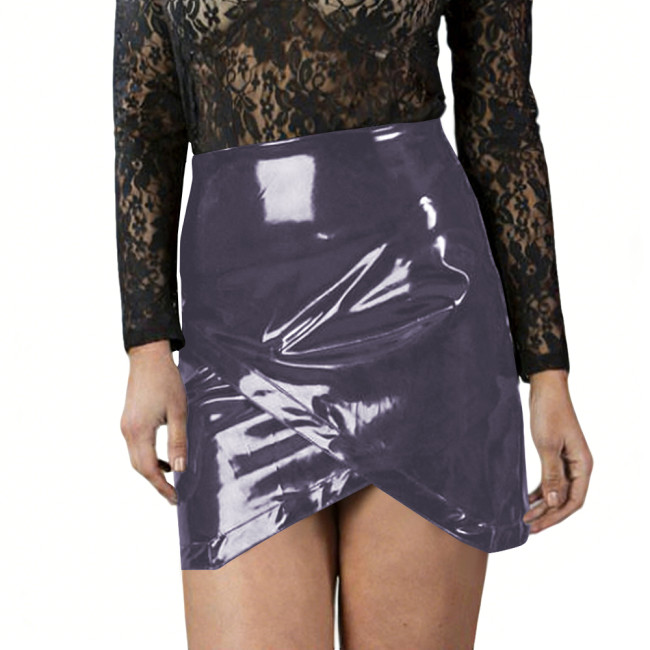 Womens Glossy Bodycon Mini Skirts High Waist Wrap Hem PVC Vinyl Leather Short Skirts Party Night Slim Skirt Sexy Evening Outfits