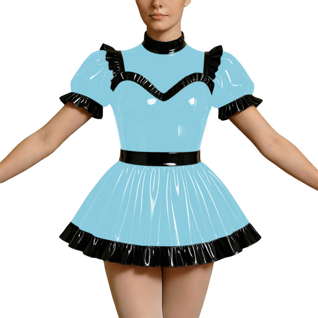 Wetlook PVC Cosplay Dress Party Rave High Neck Puff Sleeve Clubwear Mini Dress Gothic Back Zipper Lockable Lolita French Maid