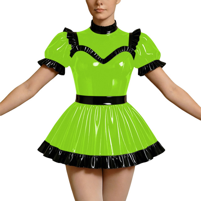 Wetlook PVC Cosplay Dress Party Rave High Neck Puff Sleeve Clubwear Mini Dress Gothic Back Zipper Lockable Lolita French Maid