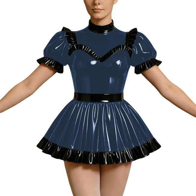 Wetlook PVC Cosplay Dress Party Rave High Neck Puff Sleeve Clubwear Mini Dress Gothic Back Zipper Lockable Lolita French Maid