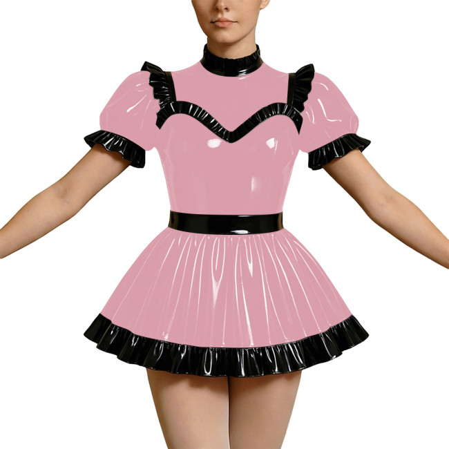 Wetlook PVC Cosplay Dress Party Rave High Neck Puff Sleeve Clubwear Mini Dress Gothic Back Zipper Lockable Lolita French Maid