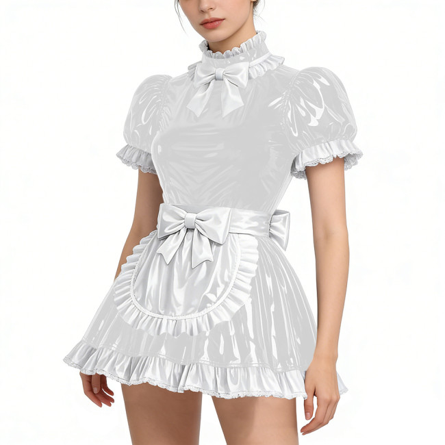 Shiny Vinyl PVC Leather Lace Maid Puff Sleeve Festival Mini Dress Gothic Back Zipper Party Maid Dress Lock French Apron Lolita