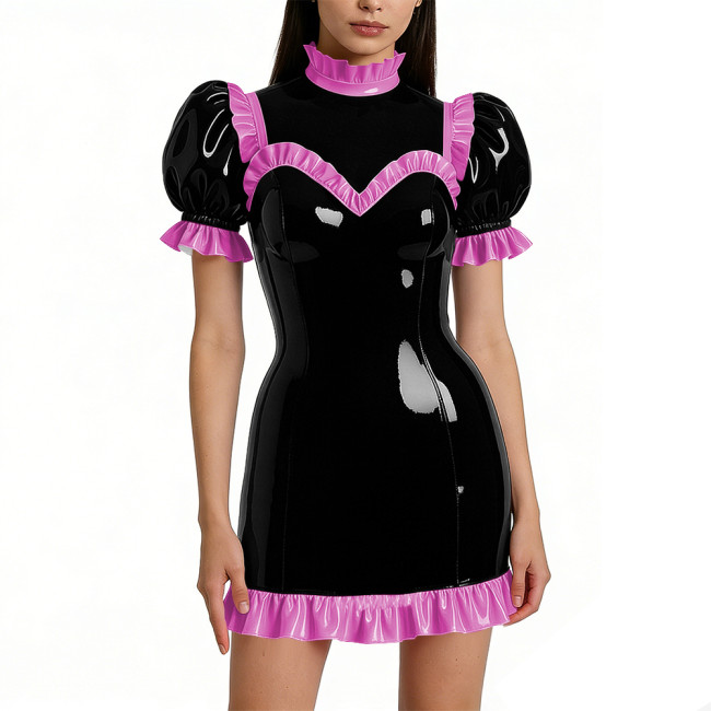 Halloween Shiny Faux Leather French Cosplay Party Dress Ruffled Nightwear Puff Sleeve Bodycon Mini Dress Wetlook Gothic Lolita