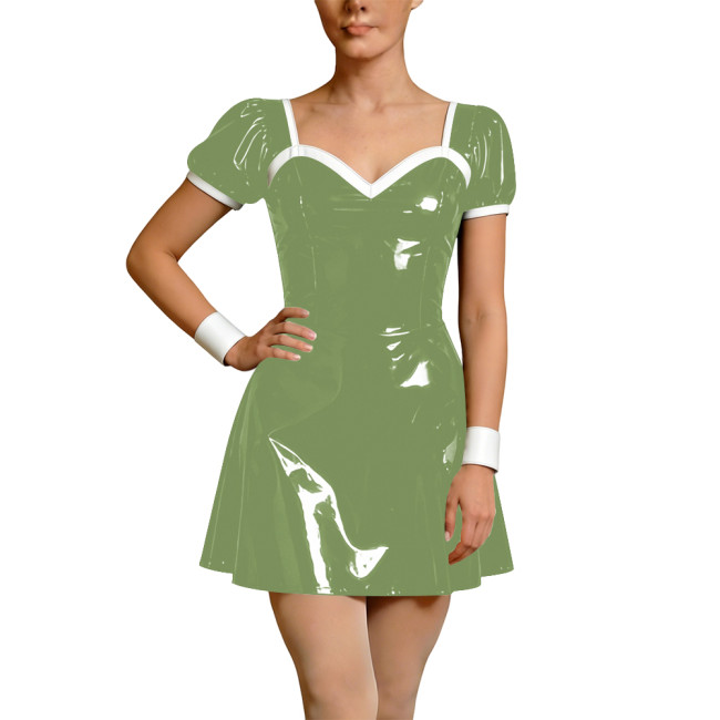 Wetlook Faux Leather French Dress Rave Short Sleeve Bodycon Cosplay A-Line Mini Dress Back Zipper Party Apron Gothic Vestidos