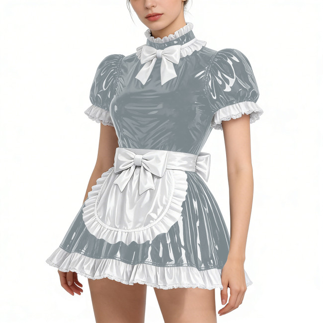 Shiny Vinyl PVC Leather Lace Maid Puff Sleeve Festival Mini Dress Gothic Back Zipper Party Maid Dress Lock French Apron Lolita