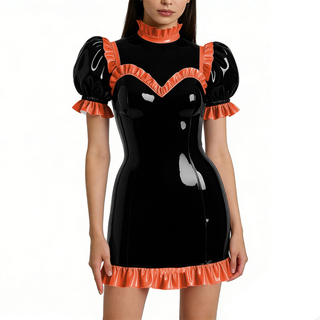Halloween Shiny Faux Leather French Cosplay Party Dress Ruffled Nightwear Puff Sleeve Bodycon Mini Dress Wetlook Gothic Lolita