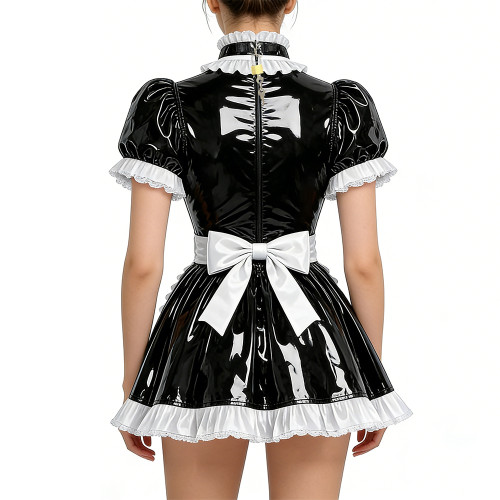 Shiny Vinyl PVC Leather Lace Maid Puff Sleeve Festival Mini Dress Gothic Back Zipper Party Maid Dress Lock French Apron Lolita