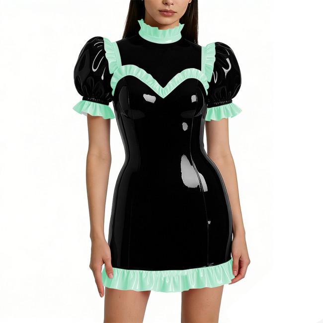Halloween Shiny Faux Leather French Cosplay Party Dress Ruffled Nightwear Puff Sleeve Bodycon Mini Dress Wetlook Gothic Lolita