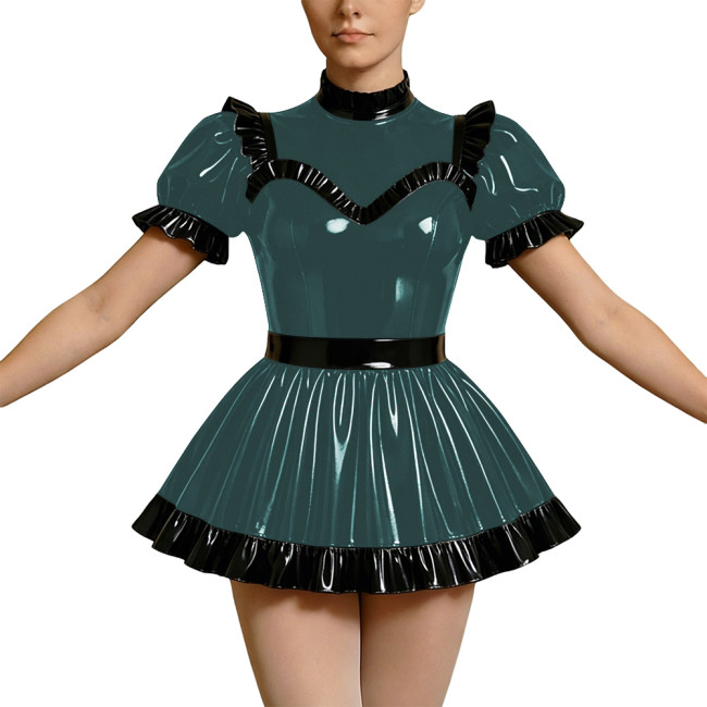 Wetlook PVC Cosplay Dress Party Rave High Neck Puff Sleeve Clubwear Mini Dress Gothic Back Zipper Lockable Lolita French Maid