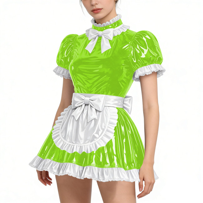 Shiny Vinyl PVC Leather Lace Maid Puff Sleeve Festival Mini Dress Gothic Back Zipper Party Maid Dress Lock French Apron Lolita