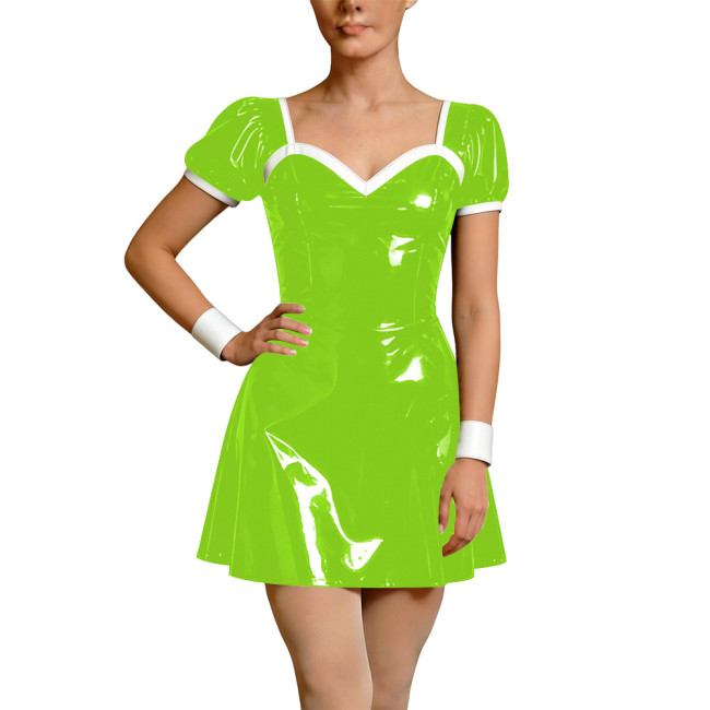 Wetlook Faux Leather French Dress Rave Short Sleeve Bodycon Cosplay A-Line Mini Dress Back Zipper Party Apron Gothic Vestidos