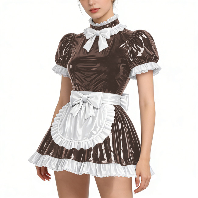 Shiny Vinyl PVC Leather Lace Maid Puff Sleeve Festival Mini Dress Gothic Back Zipper Party Maid Dress Lock French Apron Lolita