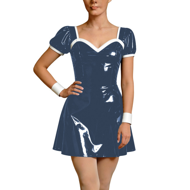 Wetlook Faux Leather French Dress Rave Short Sleeve Bodycon Cosplay A-Line Mini Dress Back Zipper Party Apron Gothic Vestidos