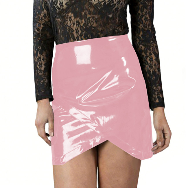 Womens Glossy Bodycon Mini Skirts High Waist Wrap Hem PVC Vinyl Leather Short Skirts Party Night Slim Skirt Sexy Evening Outfits