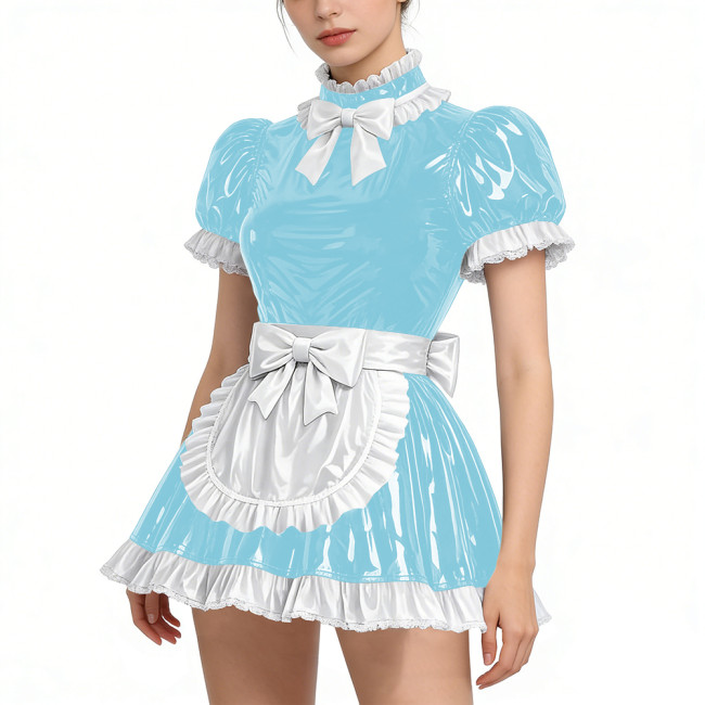 Shiny Vinyl PVC Leather Lace Maid Puff Sleeve Festival Mini Dress Gothic Back Zipper Party Maid Dress Lock French Apron Lolita