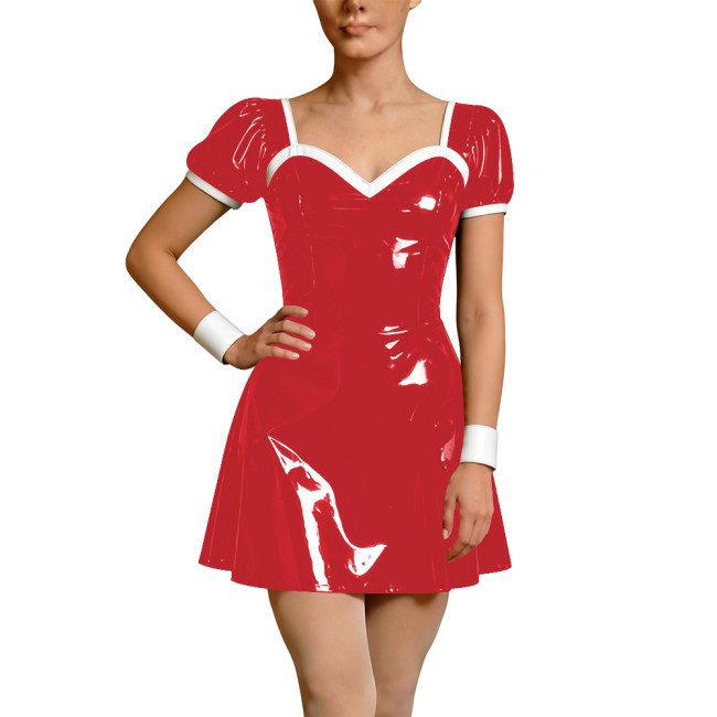 Wetlook Faux Leather French Dress Rave Short Sleeve Bodycon Cosplay A-Line Mini Dress Back Zipper Party Apron Gothic Vestidos