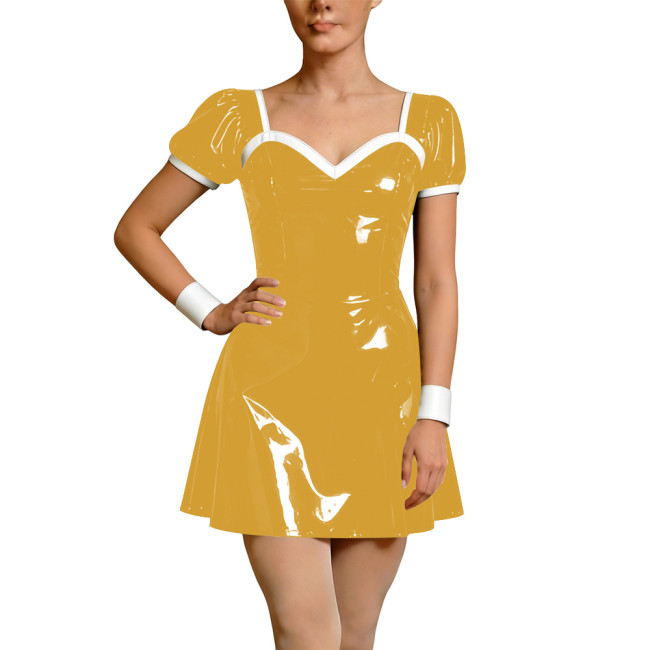 Wetlook Faux Leather French Dress Rave Short Sleeve Bodycon Cosplay A-Line Mini Dress Back Zipper Party Apron Gothic Vestidos