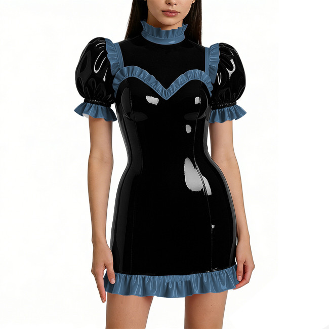 Halloween Shiny Faux Leather French Cosplay Party Dress Ruffled Nightwear Puff Sleeve Bodycon Mini Dress Wetlook Gothic Lolita