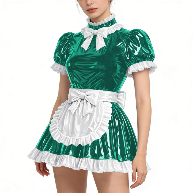 Shiny Vinyl PVC Leather Lace Maid Puff Sleeve Festival Mini Dress Gothic Back Zipper Party Maid Dress Lock French Apron Lolita
