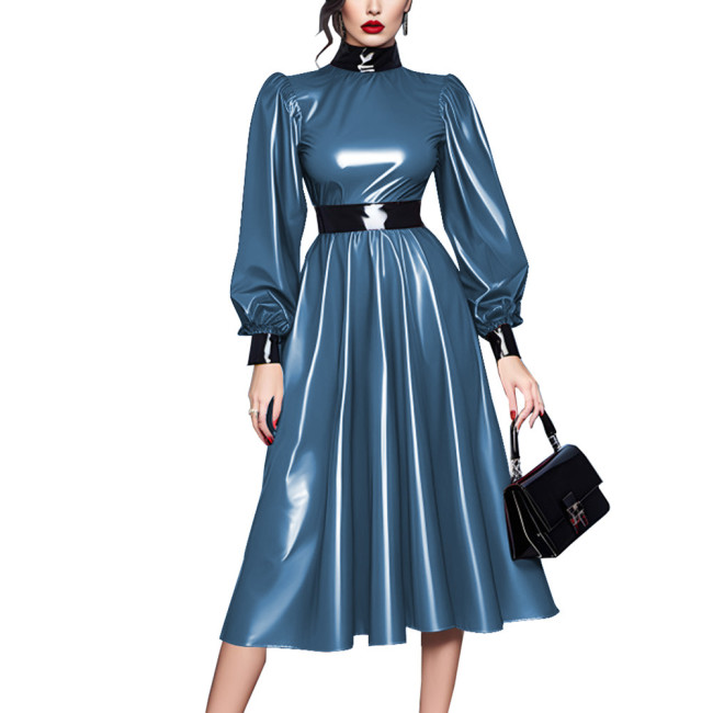 Plus Size Spliced High Neck High Waist Long Lantern Sleeve Sissy Dress Latex Look A-line Pleated Midi Dress Banquet Venue Gown
