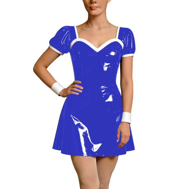 Wetlook Faux Leather French Dress Rave Short Sleeve Bodycon Cosplay A-Line Mini Dress Back Zipper Party Apron Gothic Vestidos