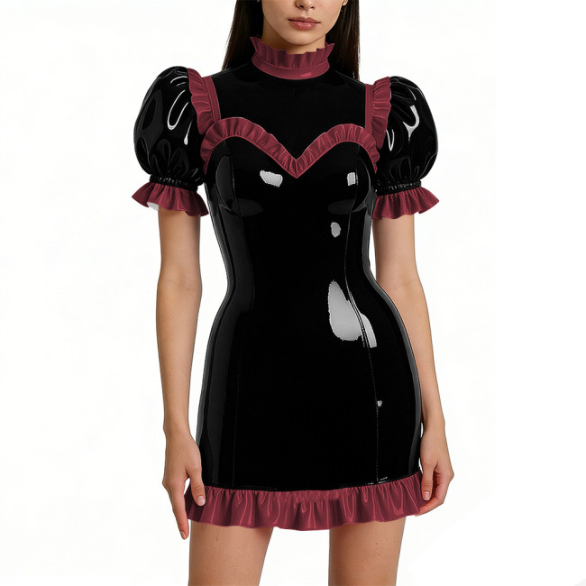 Halloween Shiny Faux Leather French Cosplay Party Dress Ruffled Nightwear Puff Sleeve Bodycon Mini Dress Wetlook Gothic Lolita