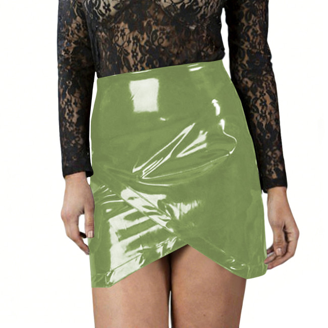 Womens Glossy Bodycon Mini Skirts High Waist Wrap Hem PVC Vinyl Leather Short Skirts Party Night Slim Skirt Sexy Evening Outfits