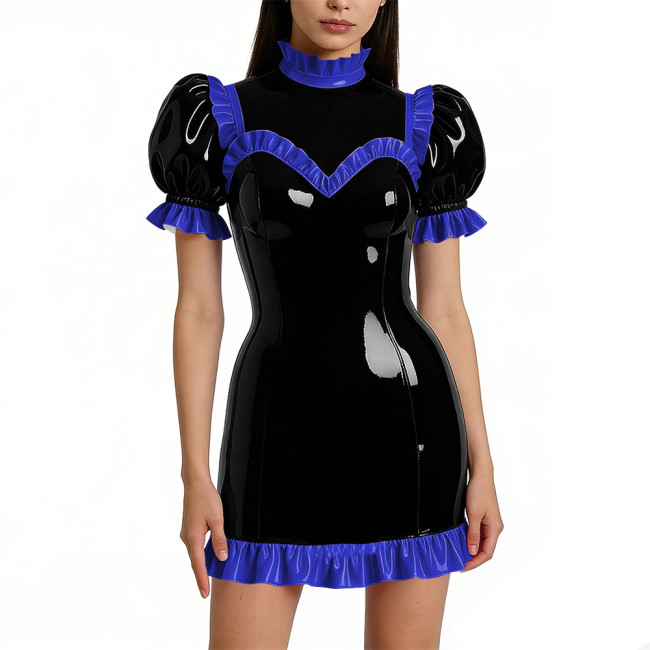 Halloween Shiny Faux Leather French Cosplay Party Dress Ruffled Nightwear Puff Sleeve Bodycon Mini Dress Wetlook Gothic Lolita