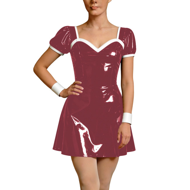 Wetlook Faux Leather French Dress Rave Short Sleeve Bodycon Cosplay A-Line Mini Dress Back Zipper Party Apron Gothic Vestidos